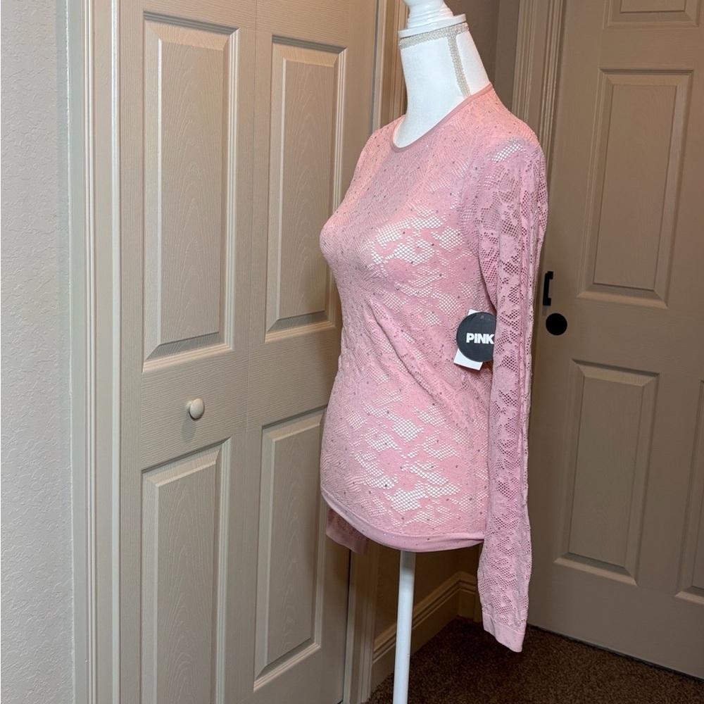 “Pink Dot” Rhinestone Embellished Mesh-like Top in pink. NWT Size Large - Picture 3 of 6